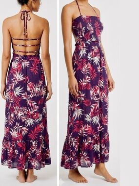 Smocked Backless Tropical Print Halter Maxi Dress - Navy Blue & Red